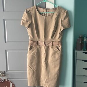 Tahari Tan Dress with Short Sleeves and Pockets!